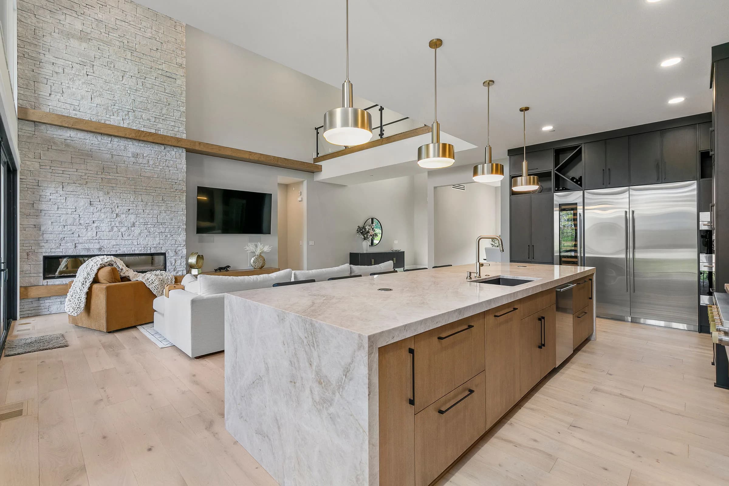 Forest Pointe — kitchen island and great-room fireplace